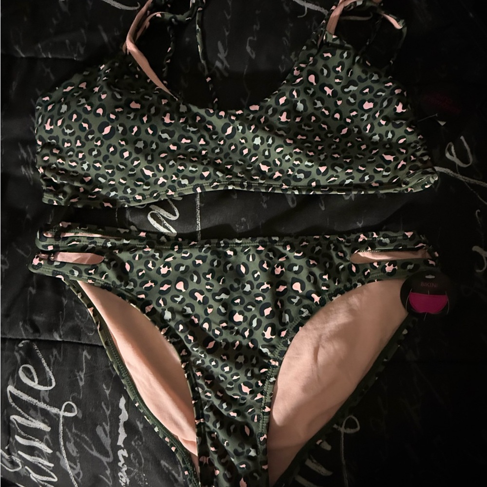 No Boundaries Green and Pink Leopard Bikini